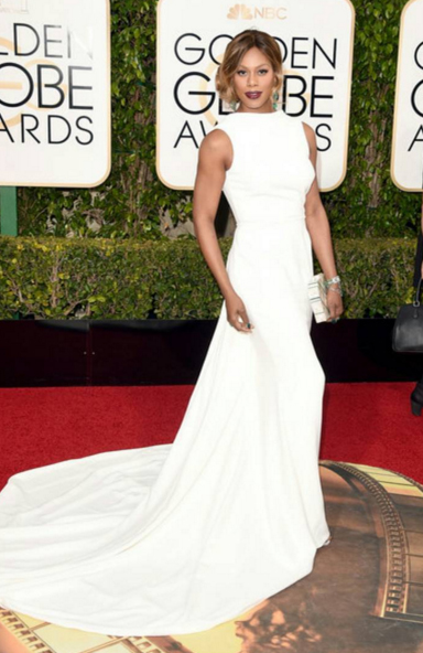 Laverne Cox in a crisp white structured Elizabeth Kennedy gown. Image: Laverne Cox via Facebook