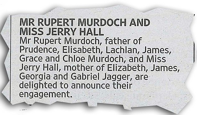 Rupert announced his engagement in the pages of his own newspaper, London’s Times. Image: The Daily Mail